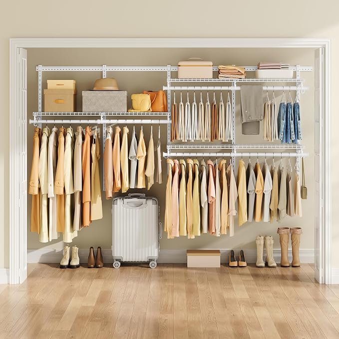 SONGMICS HOME Closet System, Closet Insert Organizer, 4-6 ft, Adjustable Metal Shelving Unit with 6 Hanging Rods, 6 Shelves, and Hooks, for Pantry Mudroom Garage Basement, Cloud White URGR032W01 - Image 7