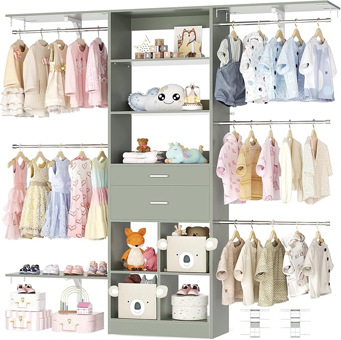 5FT Small Closet System, Baby Closet Organizer System with Wooden Drawers, 60 Inches Walk in Closet System with 5 Hanging Rods and 3 Reversible Hanging Shelving, Crab Green by Besiost