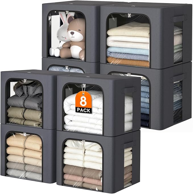 8 Pack Clothes Storage Bins with Metal Frame,Stackable Organizer Bins with Handles for Closet & Bedroom(Light Grey) by EpicTotes