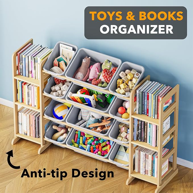 SpaceAid Toy Storage Organizer with 6 Shelves and 12 Bins, Toy Organizers Storage Bookshelf, Kids Bin Shelf Toys Box Bookcase for Bedroom Playroom Organization Room Decor, Neutral Gray - Image 4