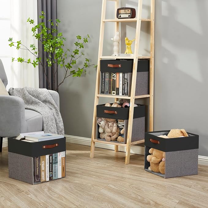 Storage Cubes, 4 Pack Linen Foldable Storage Bins (13 x 13 inch) with Clear Window and Handles, Fabric Organizer for Shelf Closet, Clothes, Books - (Gray and Black) - Image 6