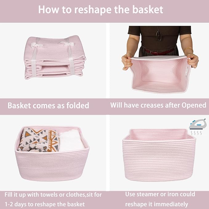 XUANGUO Woven Cotton Rope Storage Baskets 15x10x9.3" 3 Pack Light Pink | Decorative rectangular storage baskets for shelves and closets; storage bins organize clothes, toys, books and nursery items. - Image 7