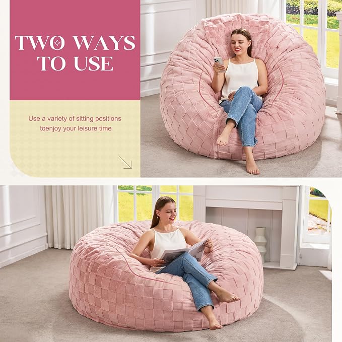 Hobestluk Giant Bean Bag Chairs 6FT Oversized BeanBag Chair for Adult Jumbo | Memory Foam,Washable Cover,Unique Fluffy Plaid,Comfy Bean Bag Bed with Filler Gaming Reading Bedroom Living Room | Pink 6FT - Image 3