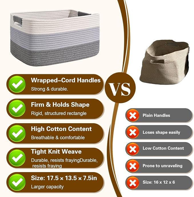 2 Pack Large Storage Basket for Organizing, 17.5"x13"x7" Woven Basket for Shelves, Closet Cube Storage Bins with Wrapped Handle, Cotton Rope Baskets for Kitchen, Clothes, Toys(Gradient Grey) - Image 5