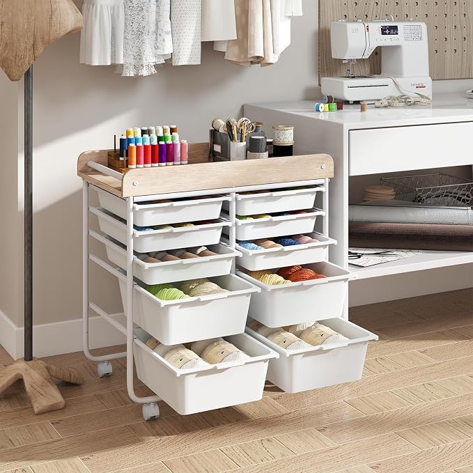 Giantex Rolling Storage Cart with 10 Drawers, Utility Cart w/Wooden Tabletop, Handle, Lockable Wheels, Multipurpose Organizer for Art Craft Scrapbooks Paper, Drawer Carts for Dorm School Office, White - Image 4