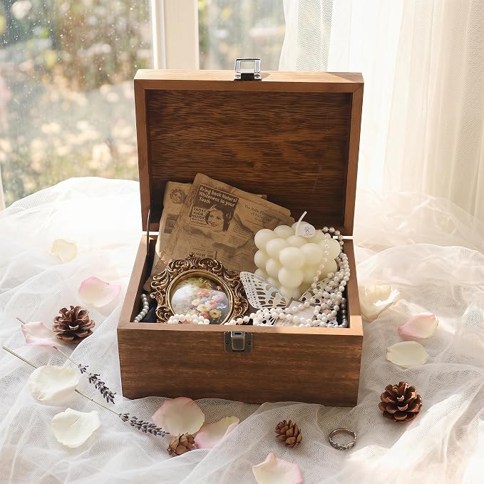 Wooden Keepsake Storage Box with Hinged Lid for Wedding Treasure Decorative | 8x6x4.4 Inches can Hold 5x7 Pictures Baby Keepsakes, Stash Case with Black Velvet Base, Small Memory Case Wooden - Image 7