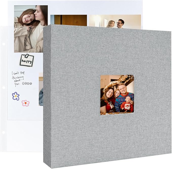 3 Ring Binder 12x12 Inch Large Scrapbook Photo Album, Linen Cover Scrap Book with 30 Plastic Sleeves 60 Pages 12 x 12 Scrapbooks White Pages for Wedding Couples Baby Travel Mothers Day Gifts Grey by LUOCCHI