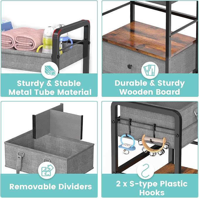 2IN1 Baby Diaper Caddy Organizer & 4-Tier Rolling Cart, Bedside Cart for Baby Essentials Nursery With Drawers, Metal Mobile Diaper Caddy Cart with Wheels, Storage Basket with Dividers for Baby Shower - Image 5