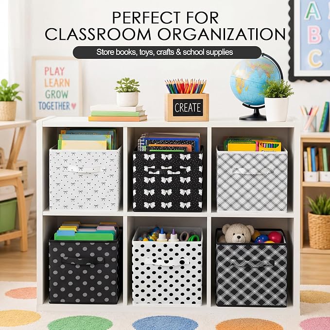 Glooglitter 6 Pcs Coquette Black Bow Storage Bins with Handles 11 Inch Foldable Classroom Storage Cubes Polka Dot Organizer Baskets Black and White Collapsible Organizer Bins for School Classroom Dorm - Image 9