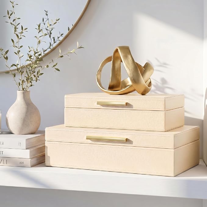Decorative Storage Boxes with Lids - Set of 2 PU Leather Organizer Bins | Beautiful Bins for Your Bookshelf Home Decor - Safely Store Photos, Documents and Memory Box Keepsakes in Style - Image 7