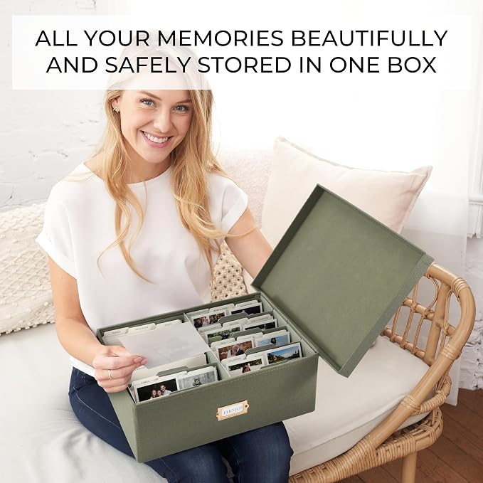 Decorative Photo Storage Box - Sturdy Linen Organizer Holds 1700 Photos | Organizer with Dividers Stores Up to 1700 5x7 Pictures - Portable Scrapbook Storage Containers with Lid - Image 3