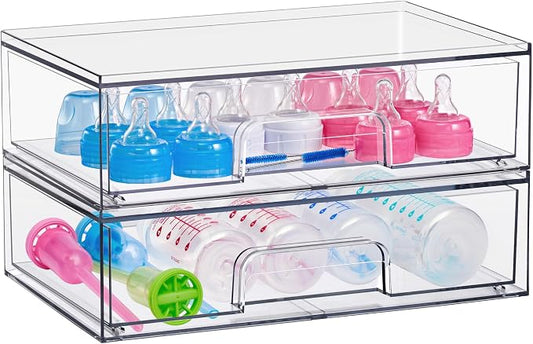 Sorbus Stackable Storage Drawers, Clear Acrylic Pull-Out Organizer (2 Pack) | Wide plastic bins hold baby bottles, cosmetics and bathroom supplies on countertops or inside cabinets and pantries. by Sorbus