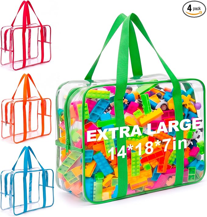 4 Pack Extra Large Clear Toy Storage Bags, 14x18x7 in, Multicolor | Thick PVC Organizer Bags, with Zipper Handles, Ideal for Blocks, Puzzles, Stuffed Animals and Playroom Organization by Unknown