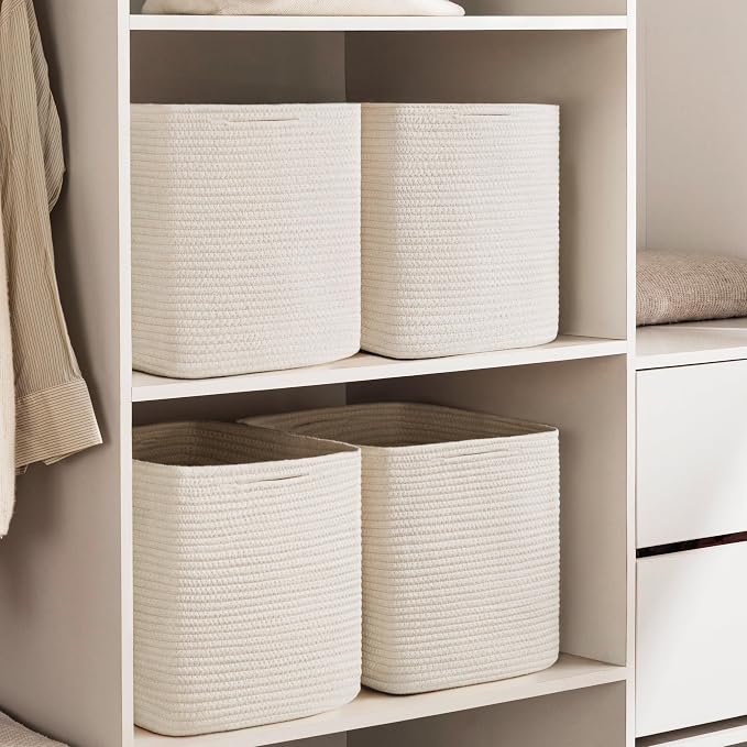 joybest 13inch Cube Storage Bins, Cotton Rope Woven Organizer Basket | Set of 4 Cube Bin Square Shelves Organizer Closet Storage, Nursery, Toy Organization, Beige - Image 5