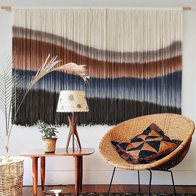 Macrame Wall Hanging Tie-Dye Bule Boho Wall Decor Yarn Fiber Art 57"W*35"L | Large Wall Hanging, Handmade Fiber Art, Dip Dyed Cotton, Boho Wall Decor, for Bedroom Decor Living Room Wall Accent by FLBER