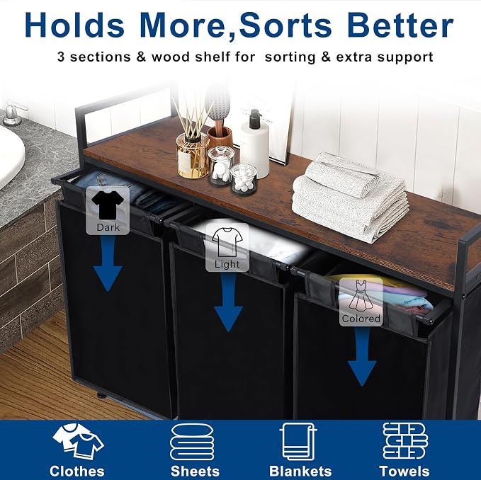 Whitmor Laundry Sorter, 138L Laundry Hamper with Shelf & 3 Removable Bags, 3 x 12.1 Gallons (46L), 36.4 x 13 x 28.4 Inches, Dirty Clothes Hamper Organizer for Laundry Room, Bathroom, Dorm, Black - Image 5