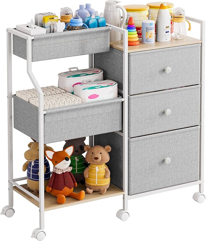 Modanais Baby Diaper Caddy Organizer Rolling Cart with Drawers, Light Gray | Detachable Dividers, 3 Tier Rolling Cart, Mobile Utility Cart with Wheels for Nursery, Bedroom, Changing Table & Crib by HomeOrganizersandStorage