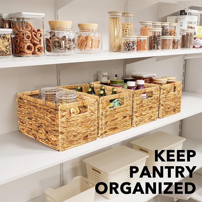 SpaceAid 4 Pack Wicker Basket, Storage Baskets for Organizing, Woven Rattan Basket with Handles for Shelves, Water Hyacinth Large Cube Organizer Storage Bin, 13x8.2x7 inch, Natural - Image 5