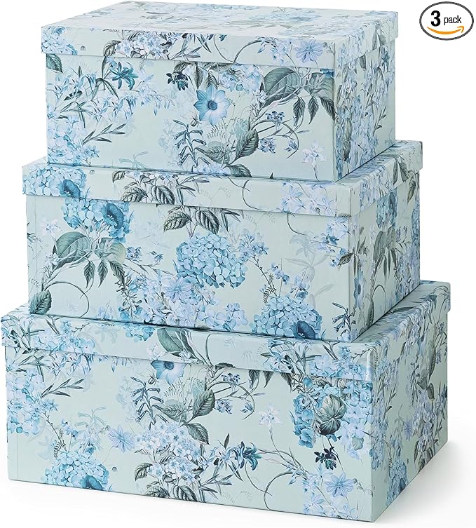 Soul & Lane - Springtime Joy Decorative Storage Boxes with Lids, Set of 3 | Large Nesting Keepsake Boxes for Memories, Photos and Gifts, Sturdy Blue Hydrangea Flowered Containers for Home Decor by SoulLane