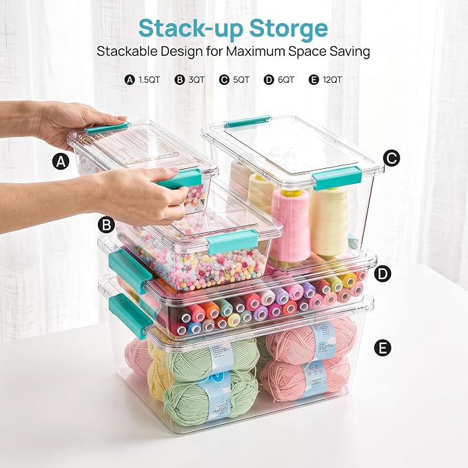 Vtopmart 4 Pack 12 Qt Clear Craft Storage Bins with Lids and Latches | Stackable Plastic Storage Box for Art & Craft Supplies, Paper, Toys, BPA-Free Containers for Organizing - Image 5