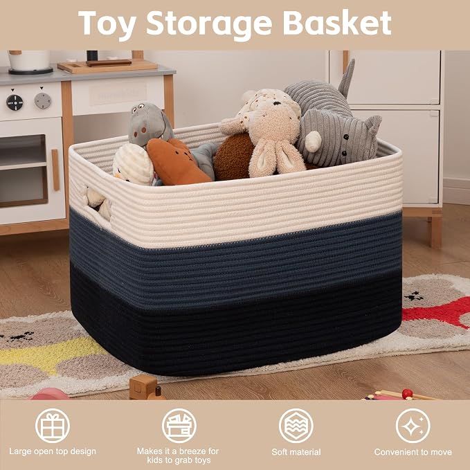 OIAHOMY 118L Extra Large Blanket Basket, Rectangle Woven Cotton Rope Storage Basket,Used for storing Dirty Clothes, Stuffed Animal Toy Storage for Living Room,Kids Room,25" x 17" x 16", Gradient Blue - Image 3