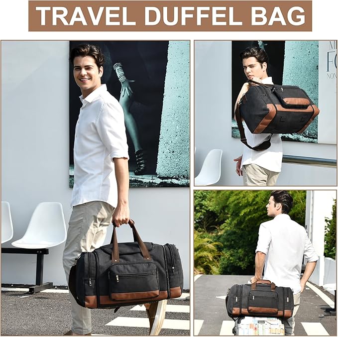 Litvyak 50L Canvas Duffle Bag for Travel Weekender Gym Overnight Carry-on | Expandable, Eco Certified, Leather Accents, Toiletry Bag Inclued, Travel Weekend Luggage Sports Duffel Bag for Women Men - Image 2