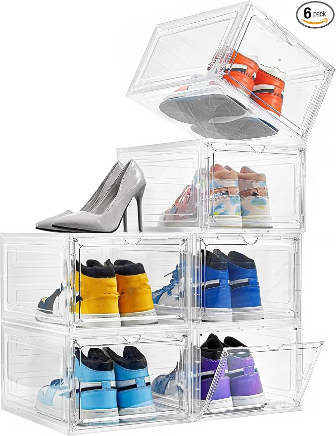 Attelite Shoe Storage Boxes Stackable Clear Shoe Organizer Cabinet,6 Pack | Shoe Box for Entryway Closet,Thicken Sturdy Durable Plastic,Fit up to Men's Size 12,Tool-free Assembly,Magnetic Door by Attelite