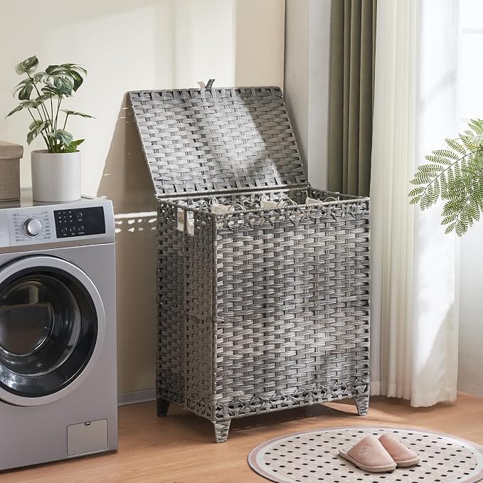 Laundry Hamper with Lid, 190L Large Laundry Basket 3 Section with 6 Removable Liner Bags & 3 Mesh Laundry Bags, Handwoven Rattan Clothes Hamper with Heightened Feet, No Install Needed, Grey - Image 2