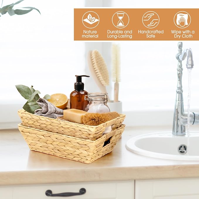 M4DECOR Set of 12 Water Hyacinth Wicker Storage Baskets for Shelves – Woven Snack Baskets for Organizing Pantry, Closet – Natural Storage Bins with Handles (12 Packs) - Image 6