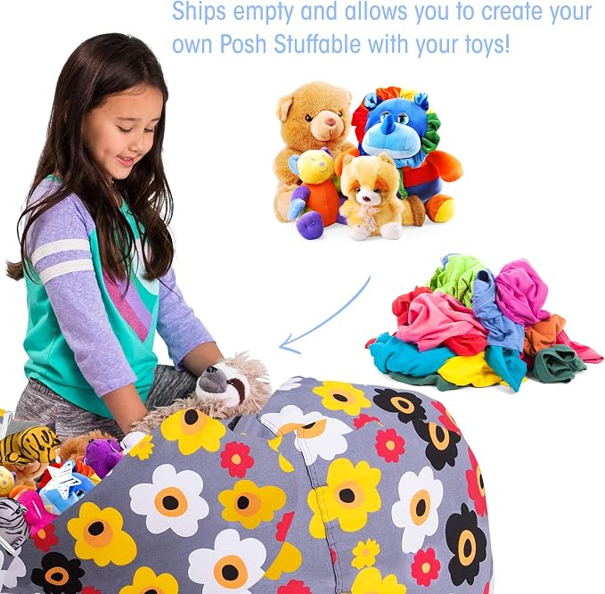 Posh Stuffable Kids Stuffed Animal Storage Bean Bag Chair Cover - Childrens Toy Organizer, X-Large 48" - Canvas Multicolored Flowers on Gray - Image 3