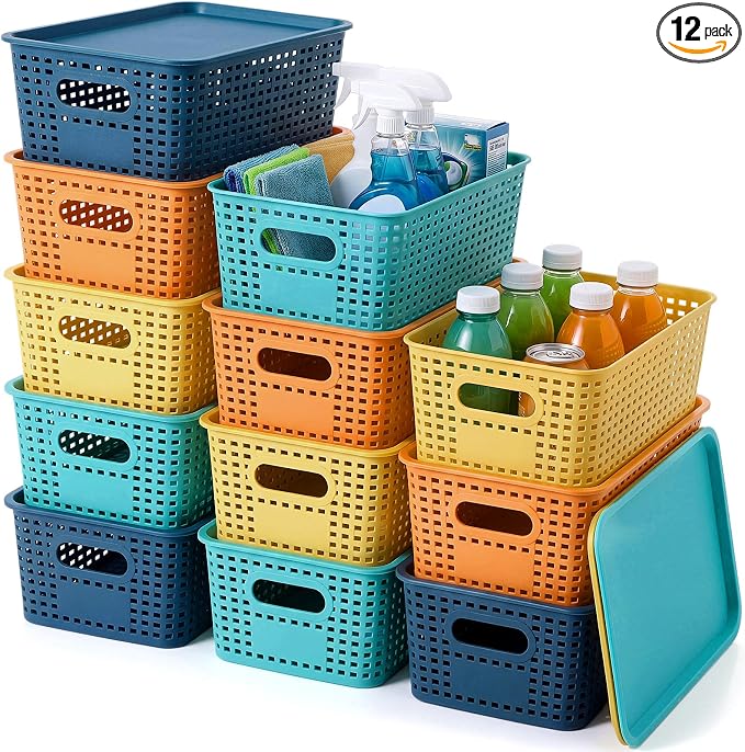 12 Pack Plastic Storage Baskets with Lids Stackable Organizing Bins Storage Baskets Organizers and Containers for Closet, Pantry, Office, 10.2 x 7.2 x 4.1 Inches(Boho Color) by Remerry