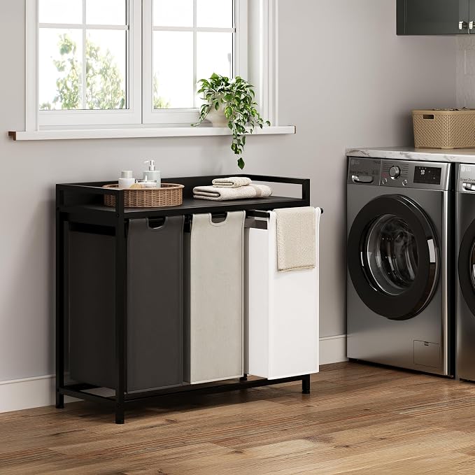 Herture Laundry Hampers with Shelf, Laundry Basket 3 Section, 3 x 15.87 Gal | Laundry Sorter with Pull-Out Removable Large 3 Color Bags and Movable Wheels, Metal Frame, Black PF04XLK - Image 2