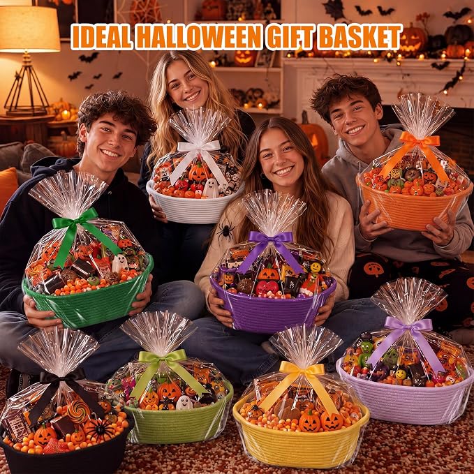 Hoolerry 8 Set Halloween Basket with Handles Cotton Rope Woven 12"x 8" x 5" | Trick or Treat Gift Baskets Empty with Bags Ribbon Bows Raffia, Candy Storage Bucket, for Halloween Home Decor Party Favors - Image 4