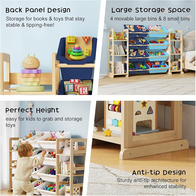 EXPERLAM Extra Large Toy Storage - Toy Storage Organizer, Wooden Toy Organizer with 6 Side Shelves and 12 Bins, 3-in-1 Bookshelf for Kids Rooms, Playroom, Nursery, Blue - Image 6