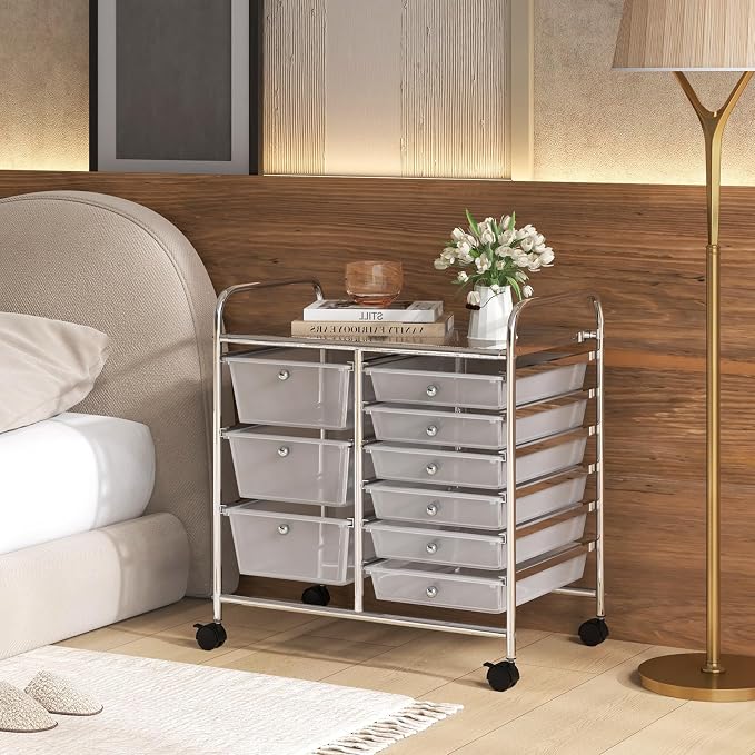 RELAX4LIFE 9 Drawer Rolling Storage Cart - Mobile Drawer Carts for Craft Art Supply Paper Salon, Utility Cart on Wheels for Classroom Teacher School Office, Rolling Cart with Drawers (Clear) - Image 9
