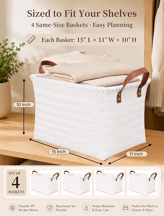 Wicker Storage Baskets, 4 Pack Woven Baskets for Shelves, White | PP Rattan, Water-resistant Wicker Basket, Large Baskets with Faux Leather Handles for Blanket, Laundry Organizer, Room Decor - Image 2