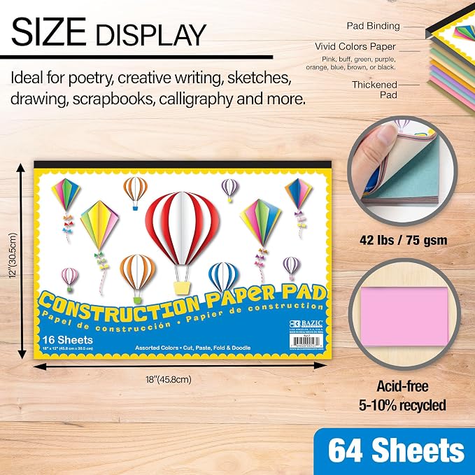 BAZIC Construction Paper Pad 16 Sheet 18" X 12", Assorted Colors, for Fold Cut Glue, Gift for Classrooms School Home DIY, 1-Pack | 16-sheet pad of assorted-color construction paper, Cutting, Folding, Crafts, For school and craft projects - Image 2