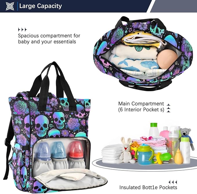 MNSRUU Diaper Bag Funny Skulls Diaper Bag Backpack Multifunction Travel Diaper Bag Tote Large Capacity Diaper Changing Backpacks for Moms Dads - Image 5