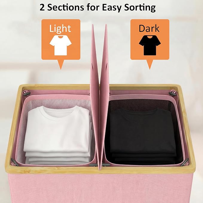 efluky Laundry Hamper with Lid, Double Laundry Basket with 2 Removable Bags, 2 Section Laundry Bin with Bamboo Handles for Bathroom, Bedroom & Laundry Room, 140L (36.9 Gallon) Pink - Image 6