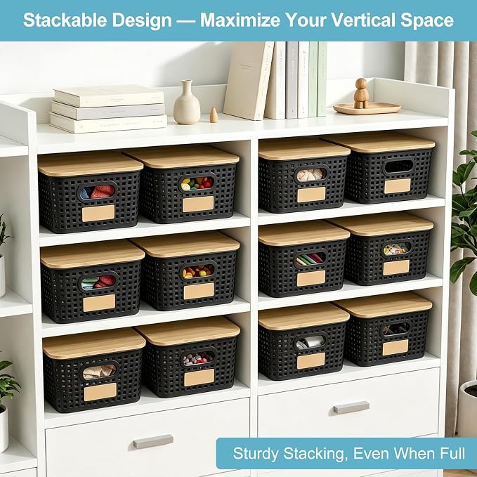 Small Plastic Storage Bins with Bamboo Lids 5.2qt Stackable Box Basket Pantry Decorative Containers Cute with Lable for Organizing Desktop Closet Office Black of 6 packs 10 * 7.2 * 4.1" - Image 3