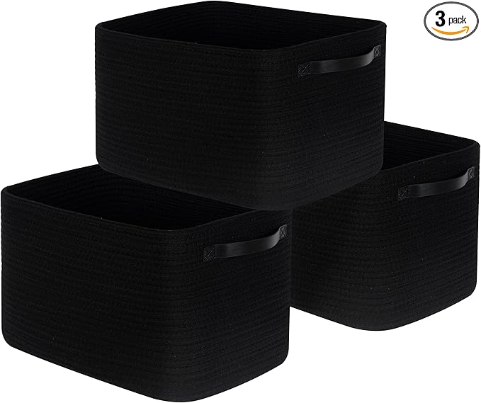 3-Pack Storage Baskets for Shelves, Decorative Baskets for Organizing, Woven Baskets for Storage, Book Basket Cube Bin Box, Pantry Closet, Shoe Organizer, Black / Black by MINTWOODDesign