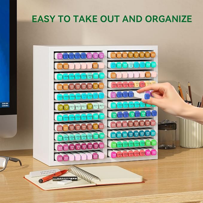 YMYNY Wooden Marker Organizer Desktop Storage White11.81x5.31x11.81 HMR001W | Hold 176 Markers,Pens,Pencils,Art Brushes Stationary Organizer Pencil Holder with 22 Compartments for Home,Classroom - Image 5