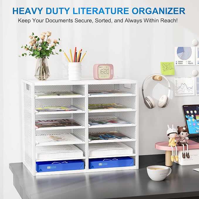 Mail Sorter for Desk, Countertop Literature Organizer, Student Mailbox for Classroom, Desktop Bill Paper Holder Rack for Office Home School, 12 Compartments, White - Image 2