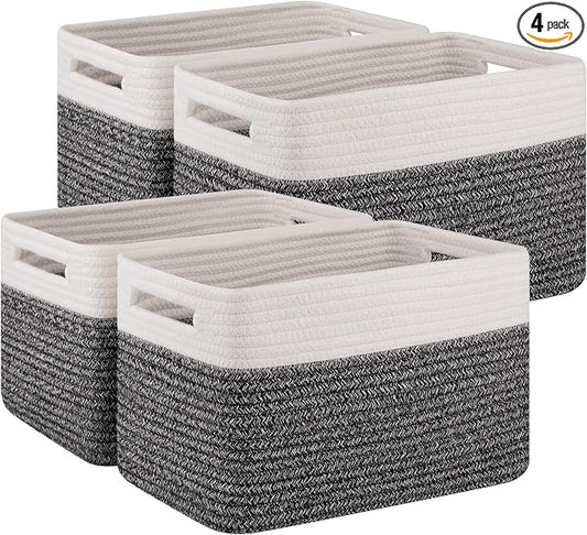 4 Pack Storage Baskets for Organizing, Woven Baskets for Shelves - Perfect for Toys, Books, Towels, and Clothes, Durable Gift Basket Bins Toy Storage, 12.7''Lx9''Wx7.8''H, Black & White by SIXDOVE