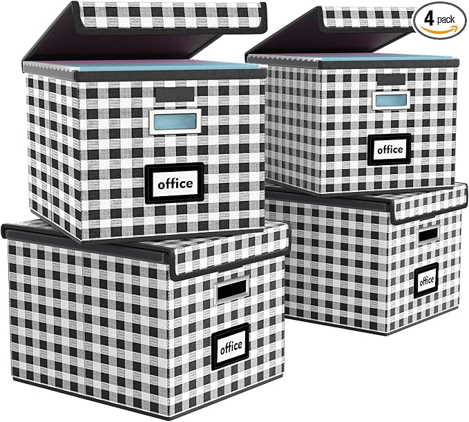 File Organizer Box with Lids, Collapsible File Folder Organizer | File Box with Plastic Slides for Document, Filing Bin for Letter Size Hanging File Folders (4 Pack, Black & White Lattice) by Huolewa