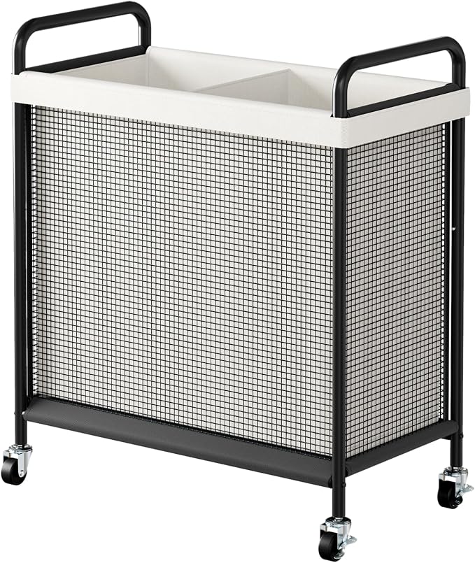 WOWLIVE Rolling Laundry Hamper 2 Section, 100L Laundry Basket with Wheels | Double Laundry Sorter with Metal Handle and Removable Bag, Large Clothes Hamper for Laundry Room, Bathroom and Dorm, Beige by WOWLIVE