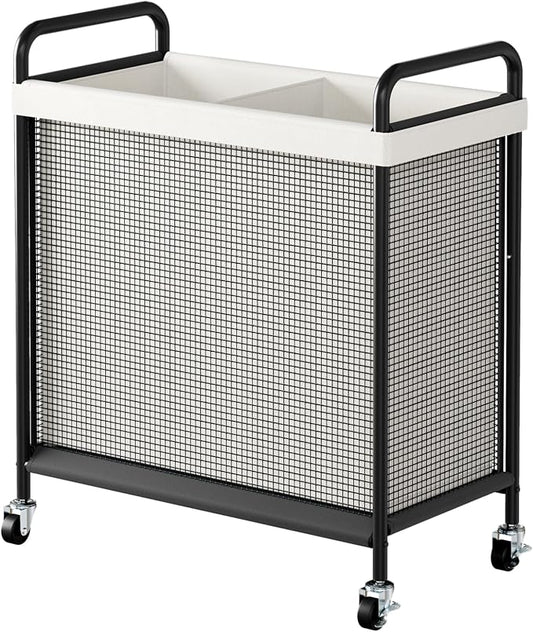 WOWLIVE Rolling Laundry Hamper 2 Section, 100L Laundry Basket with Wheels | Double Laundry Sorter with Metal Handle and Removable Bag, Large Clothes Hamper for Laundry Room, Bathroom and Dorm, Beige by WOWLIVE