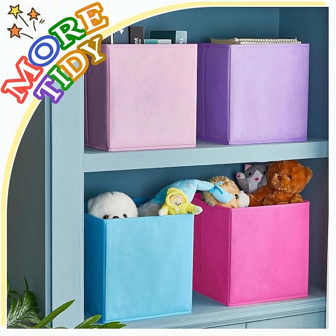 Yinder 4 Pcs Cube Storage Bin 10.5''x10.5''x11'' Storage Bins for Playroom Decor Colorful Bins for Kids Purple Foldable Baskets for Nursery Organizer Boxes Fabric Boxes(Blue, Purple, Pink, Rose Red) - Image 6
