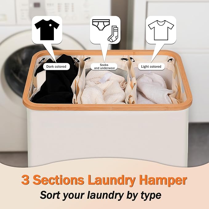 efluky Laundry Hamper with Lid, Trio Laundry Basket with 2 Removable Bags, 3 Section Laundry Bin with Bamboo Handles for Bathroom, Bedroom & Laundry Room, 160L (42.3 Gallon) Beige - Image 4