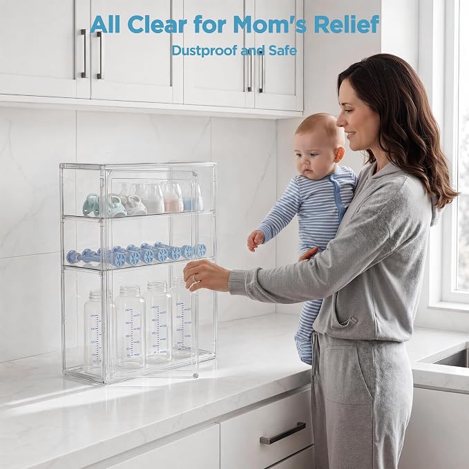 HBlife Baby Bottle Storage Organizer for Countertop Cabinet, 3 Tiers Adjustable Clear Acrylic Bottles Storage Station Case Box Container with 2 Removable Dividers and Magnetic Door, Medium - Image 2